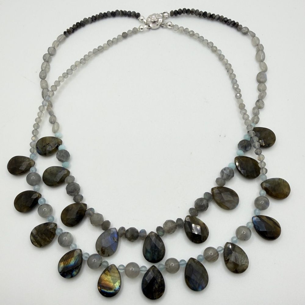 18" double stranded mostly labradorite and aquamarine necklace w/ 925 clasp!